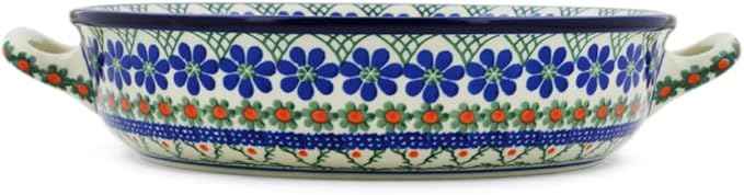 Polmedia Polish Pottery Round Baker with Handles 10-inch - Primrose Trellis Pattern Handmade in Boleslawiec Poland by Ceramika Artystyczna + Certificate of Authenticity