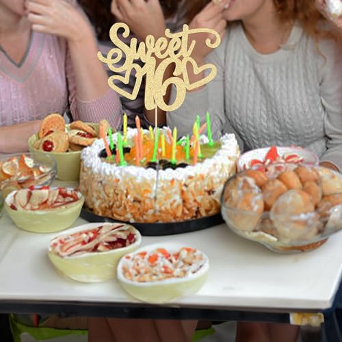 1Pc Sweet Teenager 16 Cake Topper Glitter 16th Birthday Cake Pick for Cheers to 16 Years Old 16th Birthday Party Cake Decorations Supplies Gold (Gold 1pc-teenager)