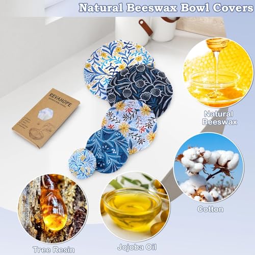 5Pcs Reusable Beeswax Elastic Bowl Covers for Bread Proofing and Food Cover (Blue Floral)