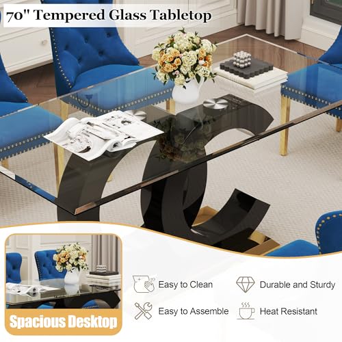 7 Piece Glass Dining Table Set for 6 (Black Table & Gold Blue Chair / 7-Piece Set-OC-Shaped Table)