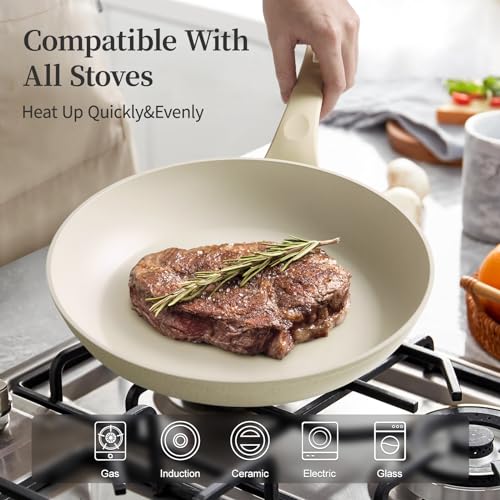 Nonstick Ceramic Frying Pans Skillets Set with Lid 8"+9.5"+11" (Beige)