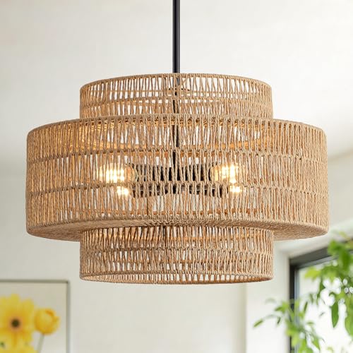 17.7" Rattan Chandelier for Dining Room (Brown+Black Hardware / 17.7" 4-Light)