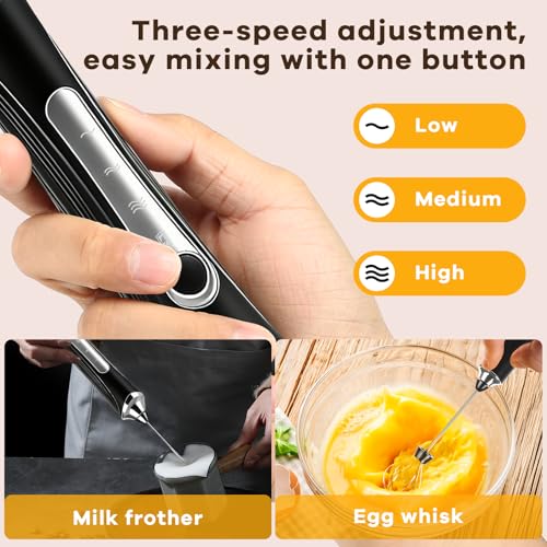 Milk Frother Handheld Rechargeable with Stand 3 Speed Frother Wand (Black-3)
