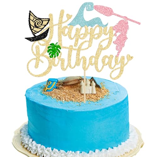 1Pcs Summer Cake Topper Glitter Tree Flower Happy Birthday Cake Pick Decoration for Tropical Hawaiian Luau Theme Baby Shower Kids Birthday Party Cake Decorations Supplies Gold (Gold 4)
