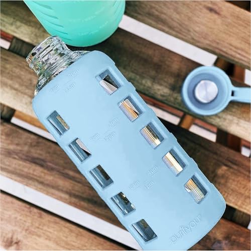 40oz / 32oz / 22oz / 12oz Borosilicate Glass Water Bottle with Time & Volume Markers, Silicone Sleeve, Stainless Steel Lid | Reusable Glass Bottle for Water & Juice (22oz Ice Blue) (Ice Blue (1 Count) / 22 Ounces)