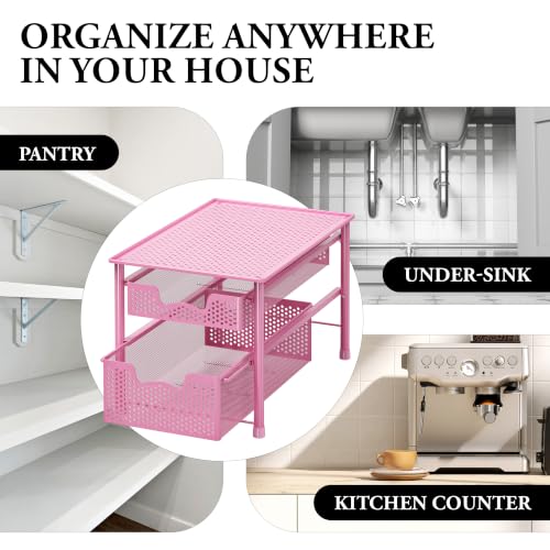 Stackable 2 Tier Sliding Basket Organizer Drawer (2-Tier / Pink)