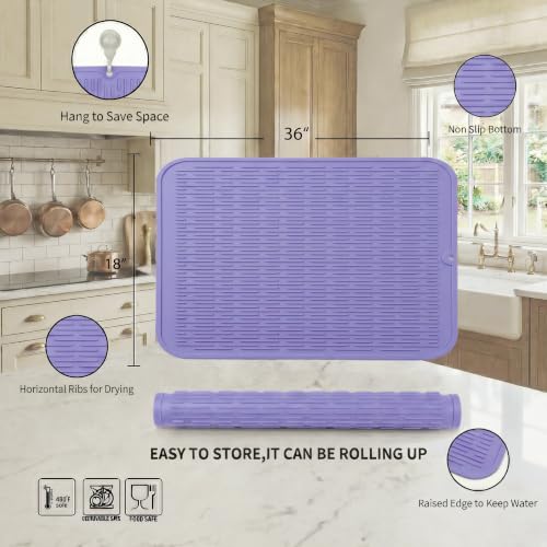 Silicone Dish Drying Mat for Multiple Usage (Light Purple / 36"L x 18"W)