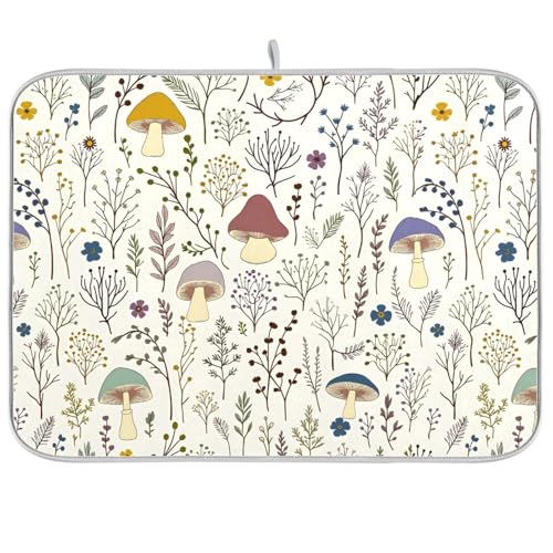 Cute Mushroom Wild Plant Dish Drying Mat for Kitchen Counter Absorbent Microfiber Drying Pad (18" x 24")