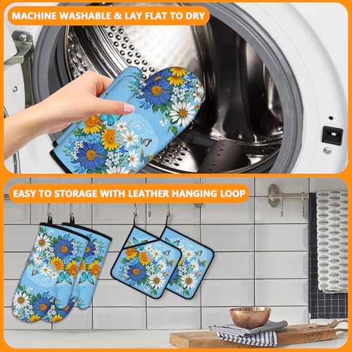 Sunflower Butterfly Oven Mitts and Pot Holders Sets 4Pcs (Sunflower Butterfly)