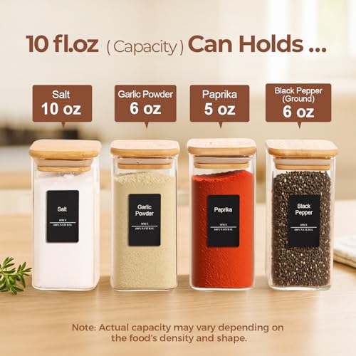 Square Glass Spice Jars with Labels 10 oz 16 Pack with Bamboo Lids (16 Count)