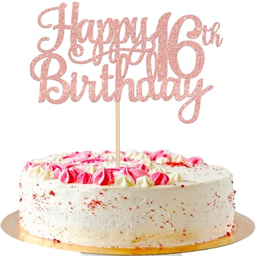 1 PCS Happy 16th Birthday Cake Topper Glitter Cheers to 16 Years Birthday Cake Pick Sweet 16 Fabulous Cake Decoration for Happy 16th Birthday Theme Party Decorations Supplies Rose Gold (Rose Gold / 16th)
