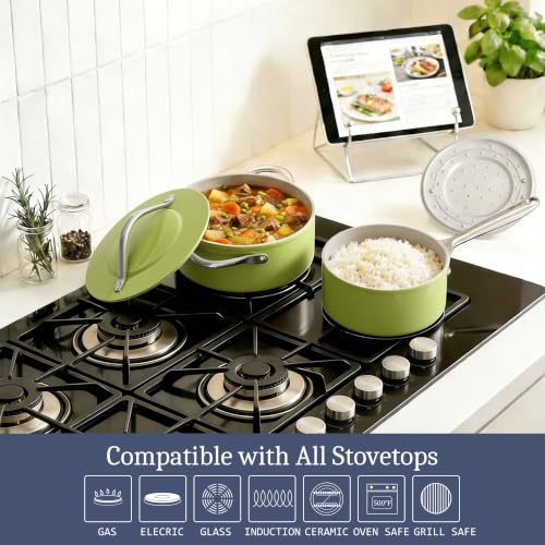 Premium Ceramic Sauce Pan with Lid (Olive Green)