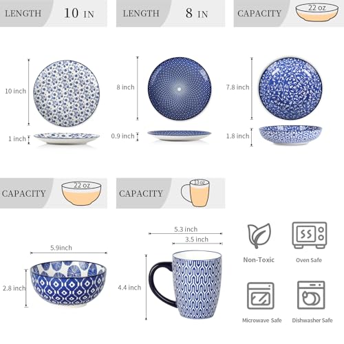 30 Pieces Ceramic Dinnerware Sets for 6 (Vintage Blue A / 30 Pieces)