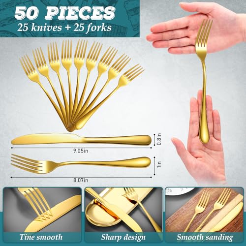 50 Pieces Stainless Steel Forks Silverware Set Dinner Forks and Knives Flatware Tableware Cutlery Set for Kitchen Restaurant (8.07 x 0.94 Inch, 9.06 x 0.79 Inch / Gold)