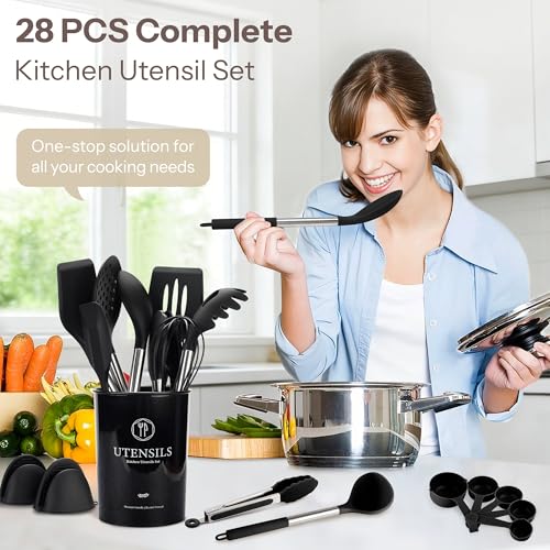 28 Piece Silicone Kitchen Utensils Set with Stainless Steel Handles (Black / 28 Piece)