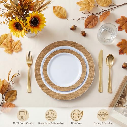102 Pcs Wood Grain Brown Plastic Plates (102 Pieces / Brown)