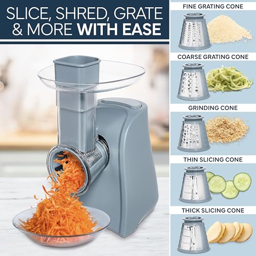 5-in-1 Electric Slicer, 150W Food Prep Machine – Parmesan Shredder, Fine & Coarse Graters, Potato Grater, Vegetable Slicer, Compact Design for Bowl Prep, Blue/Grey (Blue/Grey)