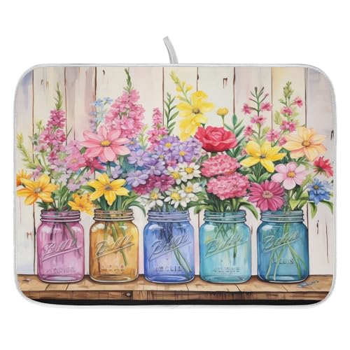 Spring Floral Jars Rustic Dish Drying Mat for Kitchen Counter Absorbent Microfiber Small Drying Pad Flowers Dish Mats for Kitchen Countertops 16 x 18 Inch (18" x 16")