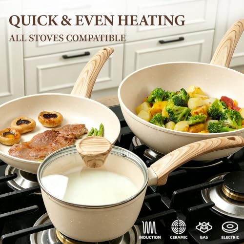 26Pcs Pots and Pans Nonstick Ceramic Cookware Set Non Toxic Kitchen Cooking Set with Steamer Utensils Induction Compatible (Beige)
