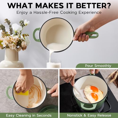 1QT Enameled Cast Iron Saucepan with Lid (Pistachio Green / 1 Quarts)