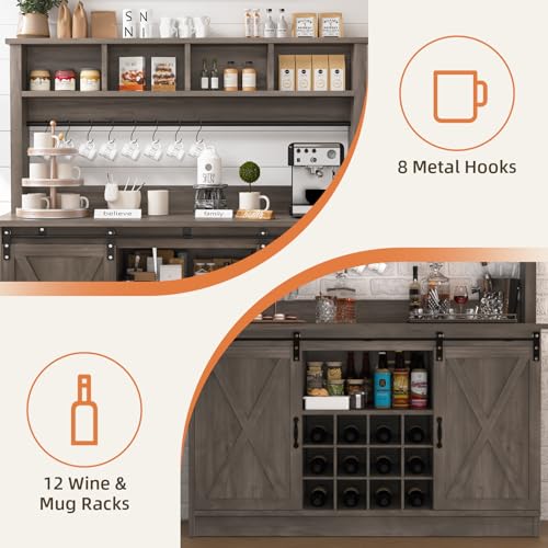 55” Farmhouse Coffee Bar with 4 Tier Storage Hutch (55.1Inch / Grey)