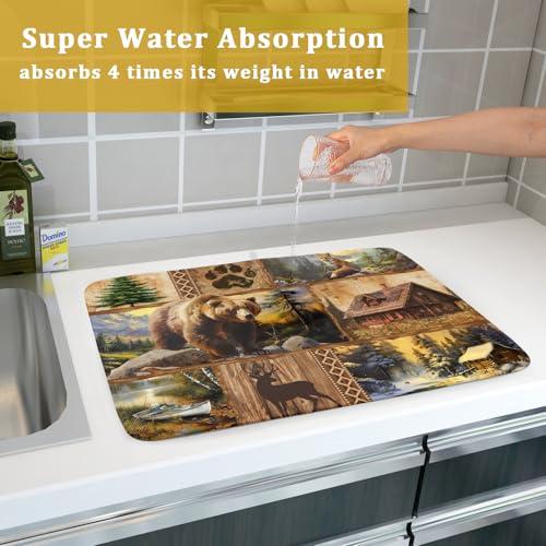 Bear Deer Fox Dish Drying Mat Rustic Cabin Lodge Dish Drainer Mats 18x24 Inch Absorbent Washable Dishes Rack Pad for Sink Kitchen Counter (Bear Deer Fox / 18" x 24")