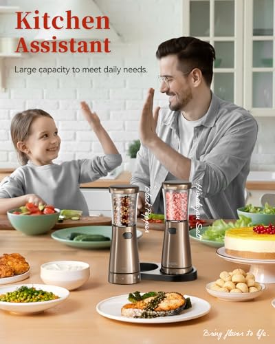 Electric Salt and Pepper Grinder Set with Storage Base (Bronze)