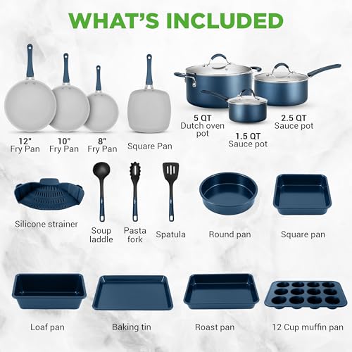 Professional 20 Pc Pots and Pans Set Non Stick in Navy Blue (Navy)