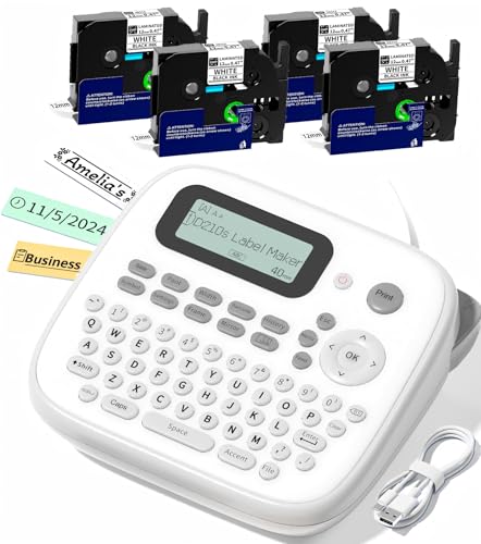 Label Maker Machine with 4 Tapes (White)