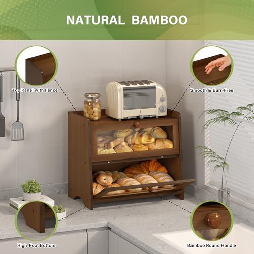 Double Layer Bread Box Container for Kitchen Countertop Homemade Bread (Brown / 2 Tier-Medim)