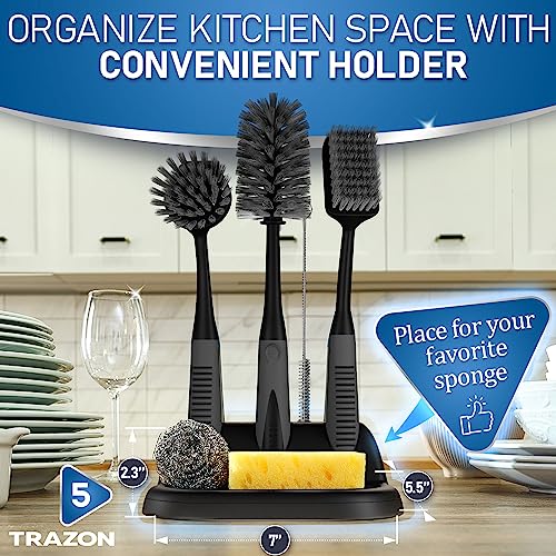 Dish Brush Set of 5 with Holder (Black)