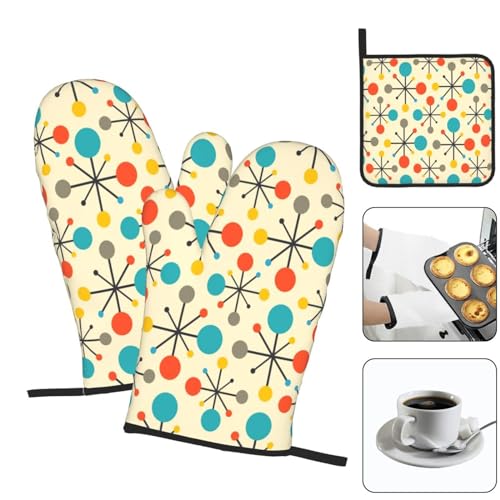 Mid Century Fifties Modern Atomic Retro Oven Mitts and Pot Holders Sets of 3