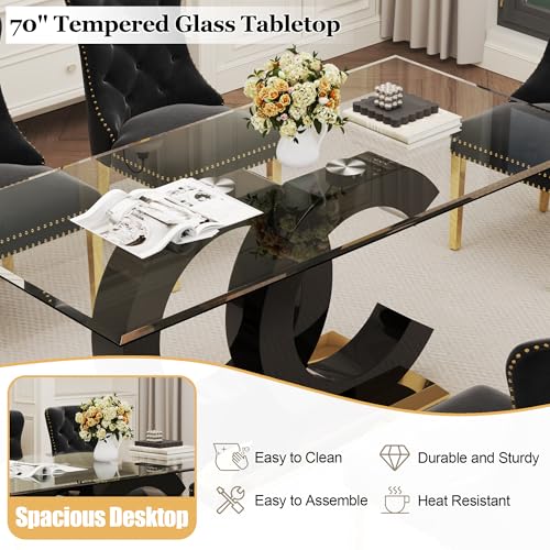 7 Piece Glass Dining Table Set for 6 (Black Table & Gold Black Chair / 7-Piece Set-OC-Shaped Table)
