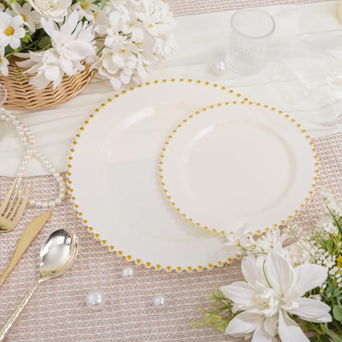 100pcs Ivory Plastic Plates with Gold Beads for Wedding & Party (100 Count)