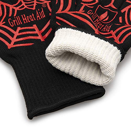 Grill Gloves Heat Proof for Men Grilling BBQ Heat Resistant Gloves (Black & Red / Mid Cuff - Medium Palm)