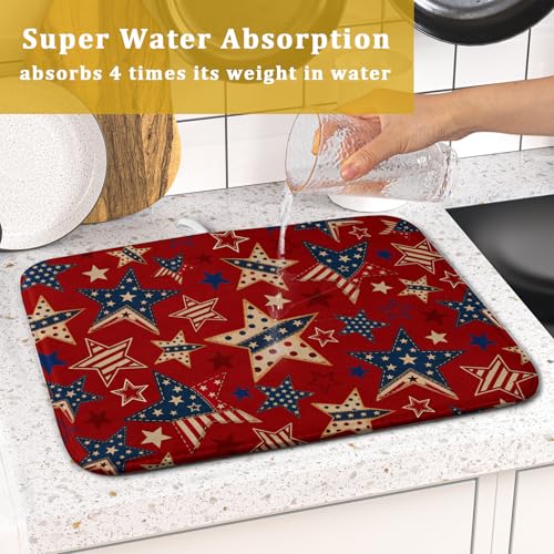 4th of July Dish Drying Mat for Kitchen Counter Patriotic Red Absorbent Dishes Dryer Pad (Patriotic Stars Red / 18" x 16")