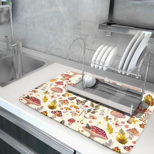 Magic Mushroom Dish Drying Mats Botanical Decorative Absorbent Drying Pad Microfiber Kitchen Sink Rack Mats 18 X 24 Inch (Wild Plant - Multi / 24" x 18")