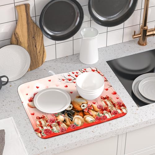 Valentines Day Dish Drying Mat Bear Lover Absorbent Kitchen Drying Mats for Countertops 18 X 16 (Red Bear Lover / 18" x 16")