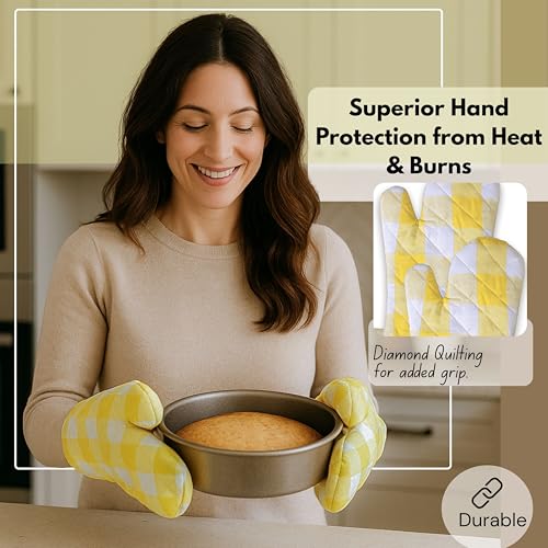 Buffalo Plaid Check Oven Mitts and Pot Holders Set of 4 (Buffalo, Lemon Yellow)