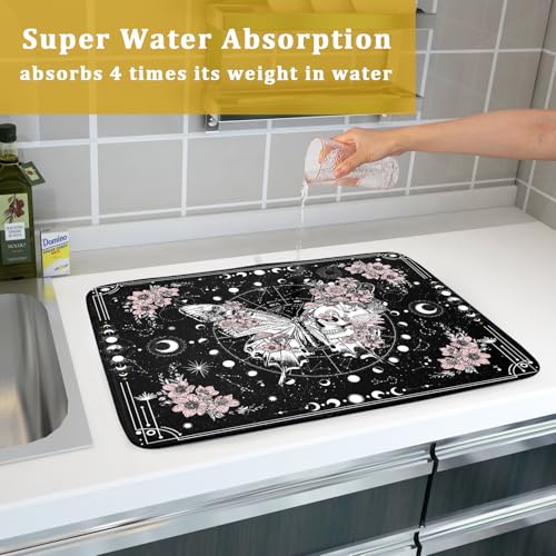 Skeleton Butterfly Dish Drying Mat Black Skull Absorbent Dish Drainer for Kitchen Counter Holiday Decor (Skeleton Butterfly Black / 24" x 18")