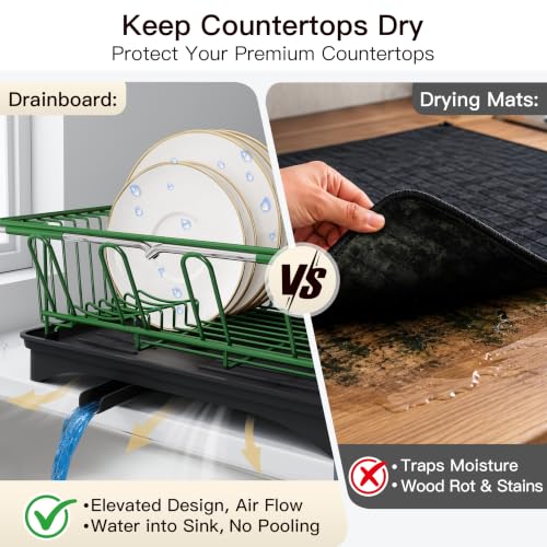 Green Dish Drying Rack in Sink with Drainboard and Utensil Holder (Green / For 12"-30"w Sink, with Drainboard)