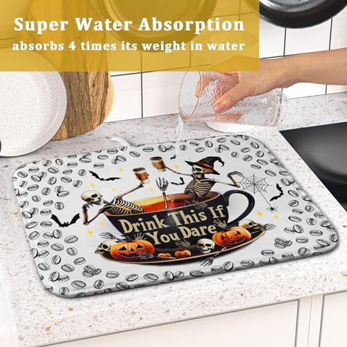 Funny Skull Coffee Mat for Table Counter Skeleton Dish Drying Mat Holiday Decoration for Home Coffee Bar (Dead Coffee White / 18" x 16")