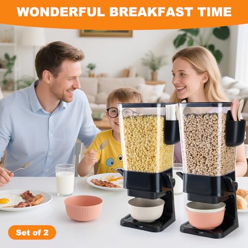 Cereal Dispenser Countertop Black 2 Pack with Bowls Spoons Cutlery Box (Black)