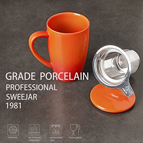 Sweejar Porcelain Tea Mug with Infuser and Lid (Gradient Orange / Tea Cup(16 Fl Oz))