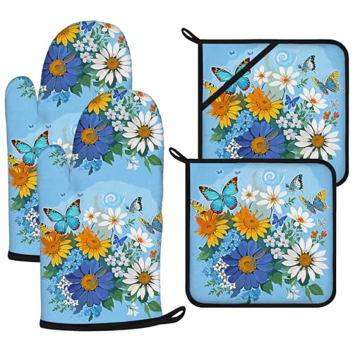 Sunflower Butterfly Oven Mitts and Pot Holders Sets 4Pcs (Sunflower Butterfly)