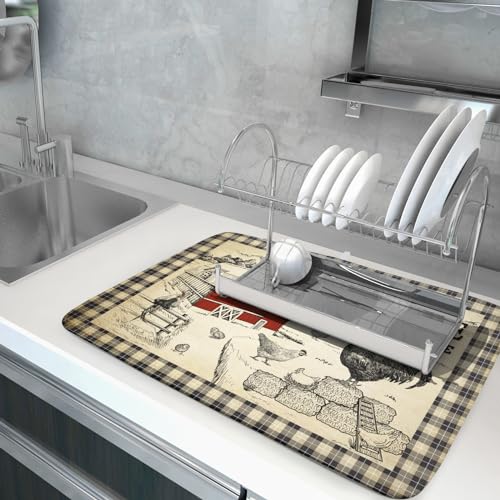 Farmhouse Rooster Dish Drying Mat 18x24 Inch Country Chicken Absorbent Dish Drainer Mat Reversible Countertops Protector Pad Kitchen Accessories (Farmhouse Rooster / 18" x 24")