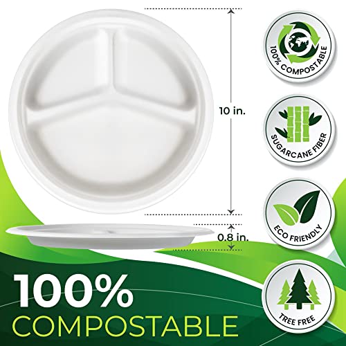 100PCS 100% Compostable 10in Paper Plates (White / 10in Sectional(100count))