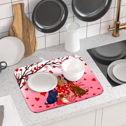Love Dog Dish Drying Mat 16"x18" Red Heart Microfiber Dish Drainer Mat Hanging Loop Absorbent Fast Dry Pad Kitchen Counter Bar Accessories (Love Dogs / 16" x 18")