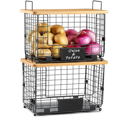 2 Set XL Stackable Wire Basket with Bamboo Tops & Tags (XL)