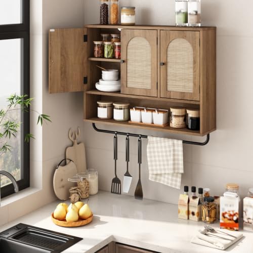 Rattan Bathroom Wall Cabinet (Natural Oak / 3 Doors)